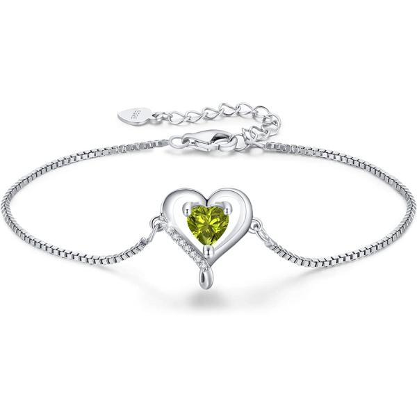 LAVUMO Heart Bracelet for Women 925 Sterling Silver Bracelet with Birthstone Zirconia,Adjustable Bracelet Best Mother's Day Gifts for Women Girls Chain Length 6.7"+1.6" Extend