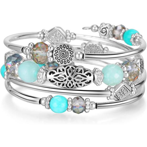 FULU AUTUMN Stackable Beaded Bracelets for Women Boho Wrap Silver Bracelet Layered Fashion Jewelry Gifts for Her