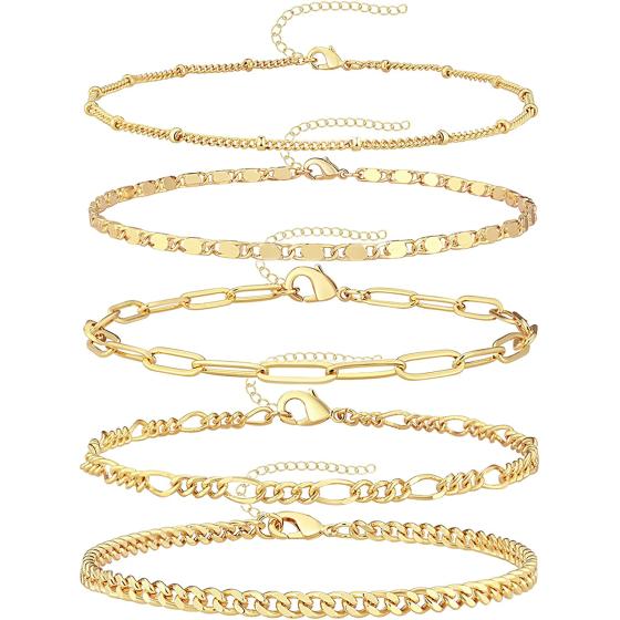 Reoxvo Dainty Gold Chain Bracelets Set for Women 14K Real Gold Plated Link Chain Bracelets for Women Trendy Gold Stackable Bracelets for Women Adjustable 7"+2"