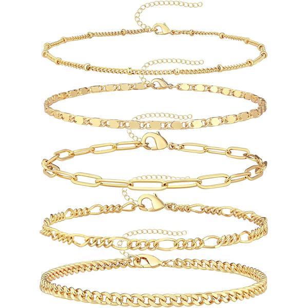 Reoxvo Dainty Gold Chain Bracelets Set for Women 14K Real Gold Plated Link Chain Bracelets for Women Trendy Gold Stackable Bracelets for Women Adjustable 7"+2"