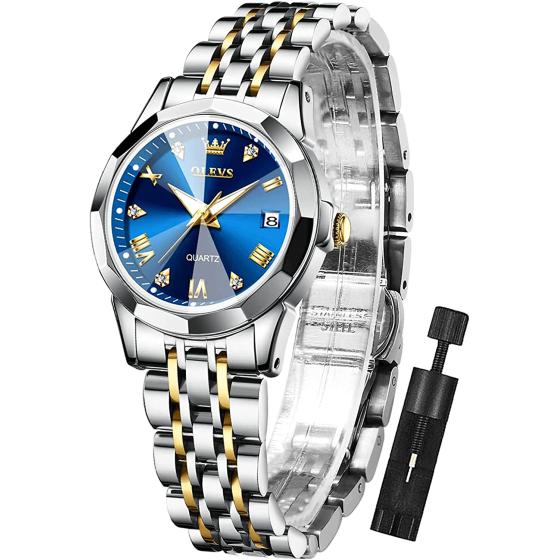 OLEVS Womens Watch Fashion Dress Diamond Female Watches for Ladies Analog Quartz Stainless Steel Waterproof Luminous Day Date Two Tone Wristwatch