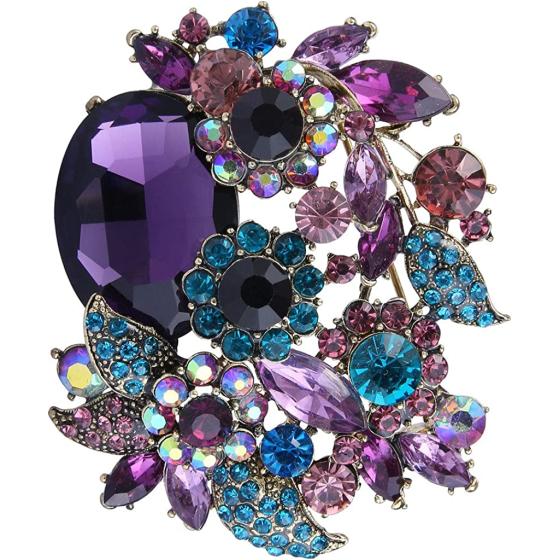 EVER FAITH Rhinestone Crystal Party Flower Leaf Vine Brooch