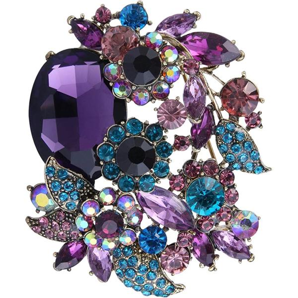 EVER FAITH Rhinestone Crystal Party Flower Leaf Vine Brooch