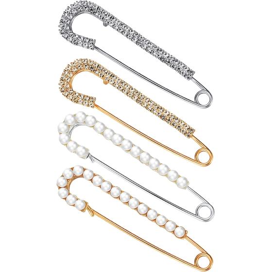 Boao Women Brooch Pins Sweater Shawl Clips Faux Crystal and Pearl Brooches, Safety Pins Dress Shirt Clips for Women, 2 Styles, Gold, Silver