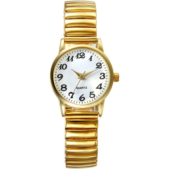 JewelryWe Women's Ultra Thin Easy Reader Watch with Elastic Strap, Golden/Silver Watch