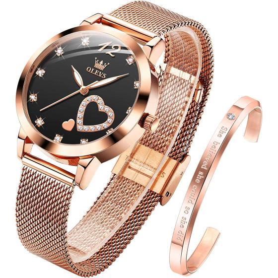 OLEVS Women's Rose Gold Watches Heart Diamond Japanese Quartz Movement Girls Ladies Wristwatch Big Face Waterproof Mesh Belt Watch and Bracelet Set Valentines Day Gifts