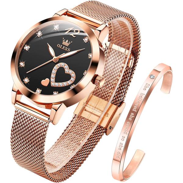 OLEVS Women's Rose Gold Watches Heart Diamond Japanese Quartz Movement Girls Ladies Wristwatch Big Face Waterproof Mesh Belt Watch and Bracelet Set Valentines Day Gifts