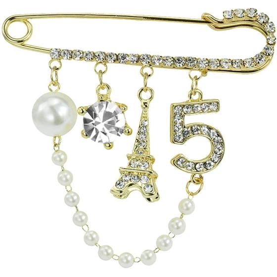 Mamfous Vintage Crown Number 5 Lapel Pins and Brooches for Women Rhinestone Jewelry with Simulated Pearl