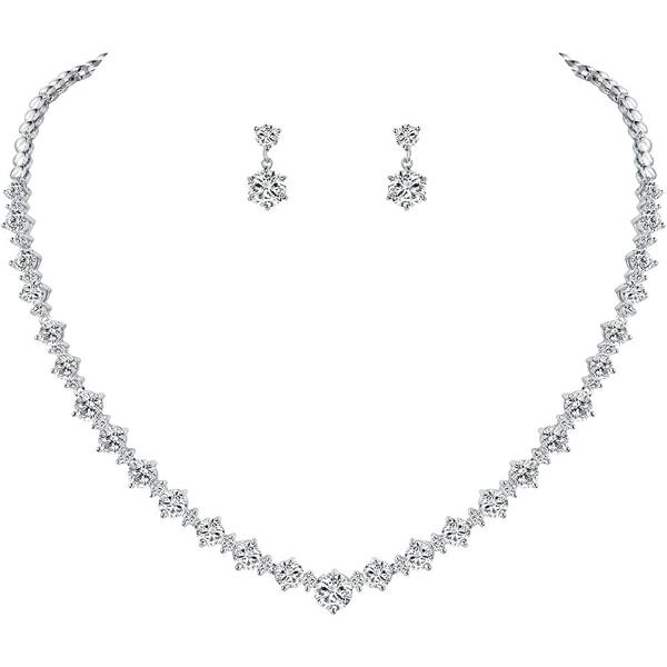 WeimanJewelry White Gold/Gold/Rose Gold Plated Women Cubic Zirconia Round Cut CZ Bridal Necklace and Drop Earring Set for Bride Wedding