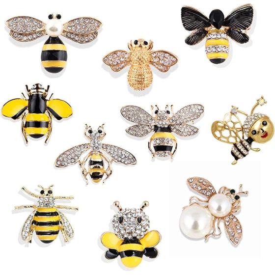 Set of 10 Fashion Enamel Crystal Rhinestones Bee Themed Brooch Pin Jewelry Lapel Pins for Clothes Collar Dress Scarf Bag Decoration