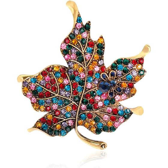 Womens Color Diamond Rhinestone Maple Leaf Brooch Pin