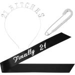 Gejoy 21st Birthday Sash Crown Tiara Headband Brooch Clip Pin, 21st Birthday Party Costume Set, Totally 3 Pieces, Silver, Medium