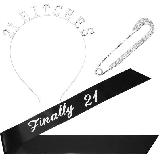 Gejoy 21st Birthday Sash Crown Tiara Headband Brooch Clip Pin, 21st Birthday Party Costume Set, Totally 3 Pieces, Silver, Medium