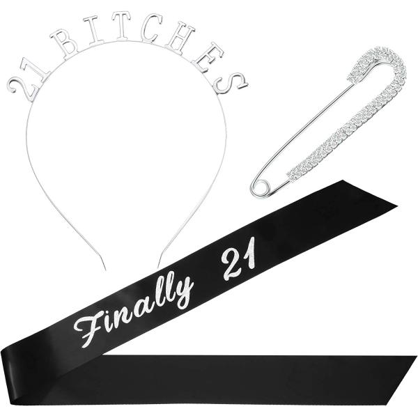 Gejoy 21st Birthday Sash Crown Tiara Headband Brooch Clip Pin, 21st Birthday Party Costume Set, Totally 3 Pieces, Silver, Medium