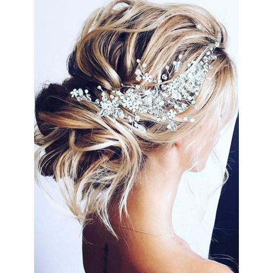 Unicra Bride Flower Wedding Hair Vine Crystal Bridal Hair Piece Rhinestone Party Hair Accessories Leaf Hair Jewelry Bead Headpiece for Women and Girls (Silver)