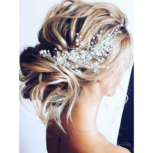 Unicra Bride Flower Wedding Hair Vine Crystal Bridal Hair Piece Rhinestone Party Hair Accessories Leaf Hair Jewelry Bead Headpiece for Women and Girls (Silver)