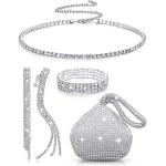 MTLEE Women Clutch Purse Rhinestone Jewelry Set 4 Pieces Rhinestone Ear Clip Bridal Wedding Choker Bracelet Dangle Ear Clip Triangle Bling Glitter Purse for Party