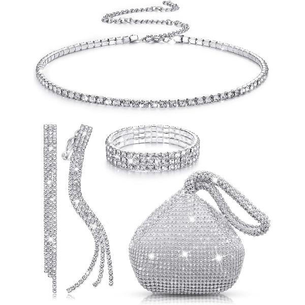 MTLEE Women Clutch Purse Rhinestone Jewelry Set 4 Pieces Rhinestone Ear Clip Bridal Wedding Choker Bracelet Dangle Ear Clip Triangle Bling Glitter Purse for Party