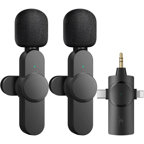 AIKELA Dual Wireless Lavalier Lapel Microphone for iPhone, Android, Camera-Cordless Double Mics Plug-Play 2.4G Ultra Low Delay Built-in Noise Reduction Chip 7H Long Working Time for Two-Person Creator