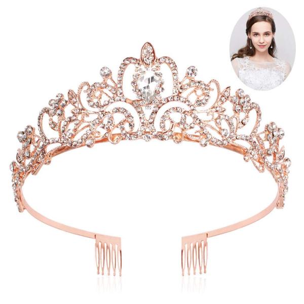 Araluky Rose Gold Tiaras and Crowns for Women Girls Jeweled Elegant Tiaras for Women Princess Crowns for Little Girls Rhinestone Crown with Combs Rose Gold Crown Wedding Tiara Hair Accessories for Wedding Prom Birthday Halloween