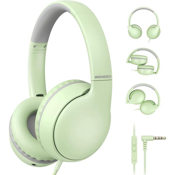 weneed Kids Headphones with Microphone, Kids Headphones-94dB Volume Limited-Shareport, Foldable Wired Headphones for Kids/Teens/Boys/Girls, Over Ear Kids Headphones for School/Travel/iPad, Green