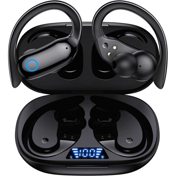 GNMN Bluetooth Headphones Wireless Earbuds 48hrs Playback IPX7 Waterproof Earphones Over-Ear Stereo Bass Headset with Earhooks Microphone LED Battery Display for Sports/Workout/Gym Black