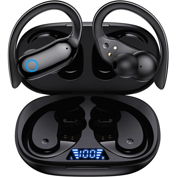 GNMN Bluetooth Headphones Wireless Earbuds 48hrs Playback IPX7 Waterproof Earphones Over-Ear Stereo Bass Headset with Earhooks Microphone LED Battery Display for Sports/Workout/Gym Black