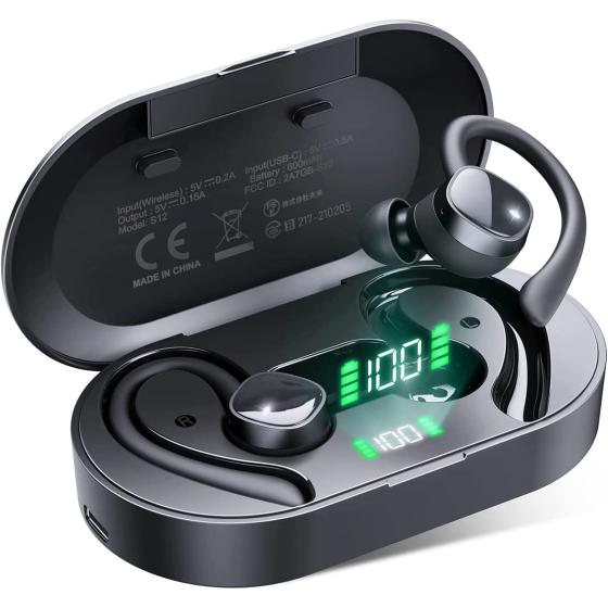 Wireless Earbuds Sports Bluetooth Headphones 4 Mic Clear Calls 60H Playtime Dual LED Power Display Flexible Earhooks Over Ear Buds IPX7 Waterproof in-Ear Earphones for Sports Running, Workout