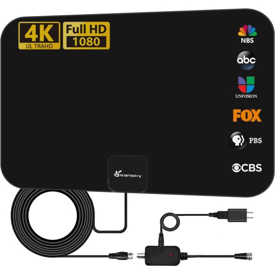TV Antenna Indoor, Digital Amplified Indoor HDTV Antenna, 1080p VHF UHF Television Local Channels Detachable Signal Amplifier and 16.5ft Long Coax Cable (Black)