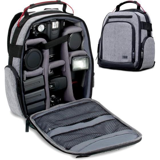USA GEAR Portable Camera Backpack for DSLR (Gray) with Customizable Accessory Dividers, Weather Resistant Bottom and Comfortable Back Support - Compatible with Canon, Nikon and More