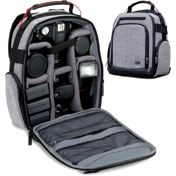 USA GEAR Portable Camera Backpack for DSLR (Gray) with Customizable Accessory Dividers, Weather Resistant Bottom and Comfortable Back Support - Compatible with Canon, Nikon and More