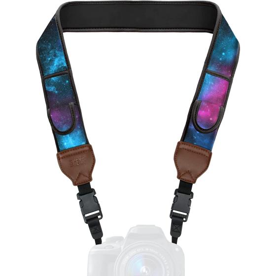 USA GEAR TrueSHOTNeck Strap Neoprene Camera Straps - Padded Camera Strap, Accessory Pocket, and Quick Release Buckles - Compatible with Canon, Nikon, Sony and More DSLR and Mirrorless Camera - Galaxy