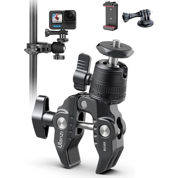 Camera Clamp Mount Accessories for Gopro - ULANZI R099 Super Clamp Ball Head Mount 1.5kg/3.3lb Loading Metal Bike Motorcycle Handlebar Attachments for DSLR Gopro Hero 5/6/7/8/9/10/11 Black/Insta 360