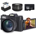 Digital Cameras for Photoggraphy, 4K Vlogging Camera for YouTube with Built-in Fill Light, 16X Digital Zoom, Manual Focus, 52mm Wide Angle Lens & Macro Lens, 32GB TF Card and 2 Batteries