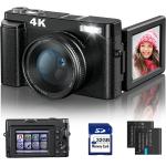 4K Digital Camera for Photography and Video Autofocus Anti-Shake, 48MP Vlogging Camera with SD Card, 3'' 180° Flip Screen Compact Camera with Flash, 16X Digital Zoom Travel Camera (2 Batteries)