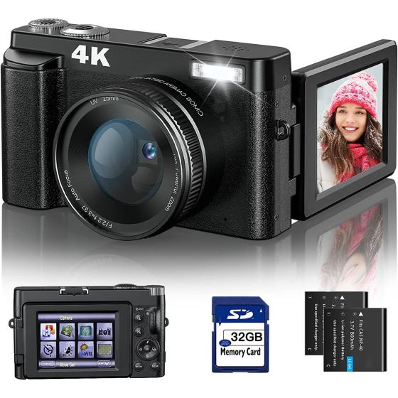 4K Digital Camera for Photography and Video Autofocus Anti-Shake, 48MP Vlogging Camera with SD Card, 3'' 180° Flip Screen Compact Camera with Flash, 16X Digital Zoom Travel Camera (2 Batteries)