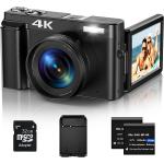 Vlogging Camera, 4K 48MP Digital Camera for Photography with 3” 180 Degree Flip Screen, Autofocus Vlogging Camera for YouTube with 16X Digital Zoom, 32G SD Card, 2 Batteries & Battery Charger