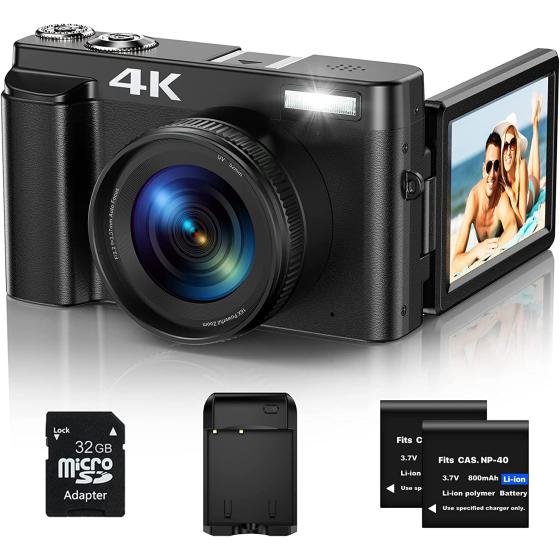 Vlogging Camera, 4K 48MP Digital Camera for Photography with 3” 180 Degree Flip Screen, Autofocus Vlogging Camera for YouTube with 16X Digital Zoom, 32G SD Card, 2 Batteries & Battery Charger