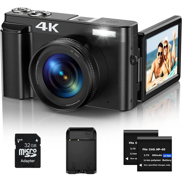 Vlogging Camera, 4K 48MP Digital Camera for Photography with 3” 180 Degree Flip Screen, Autofocus Vlogging Camera for YouTube with 16X Digital Zoom, 32G SD Card, 2 Batteries & Battery Charger