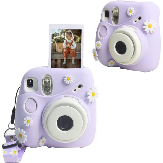 CAIYOULE Protective Silicone Case for Fujifilm Instax Mini 7+ Plus Camera Case with Daisy & Fruit DIY Accessories and Adjustable Shoulder Strap (Purple)
