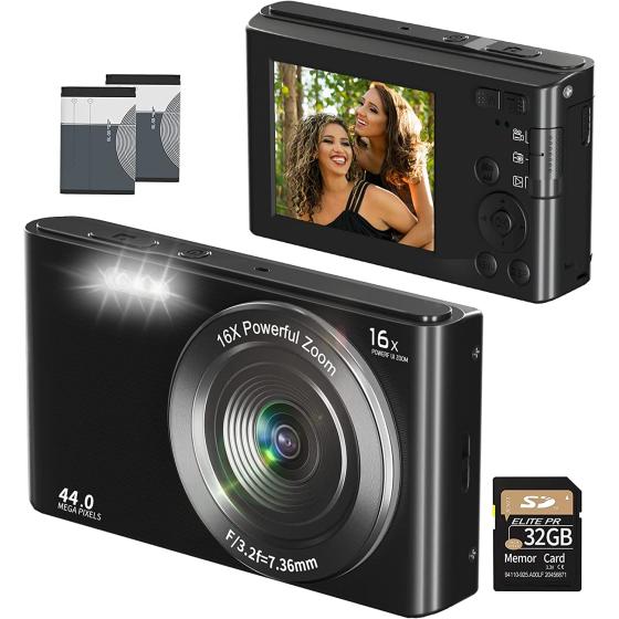 Digital Camera for Kids Teens Boys Girls Adults 4K 44MP with 32GB SD Card, 2.4 Inch Point and Shoot Camera with16X Digital Zoom, Compact Mini Camera Kids Camera for Students Seniors（Black1）