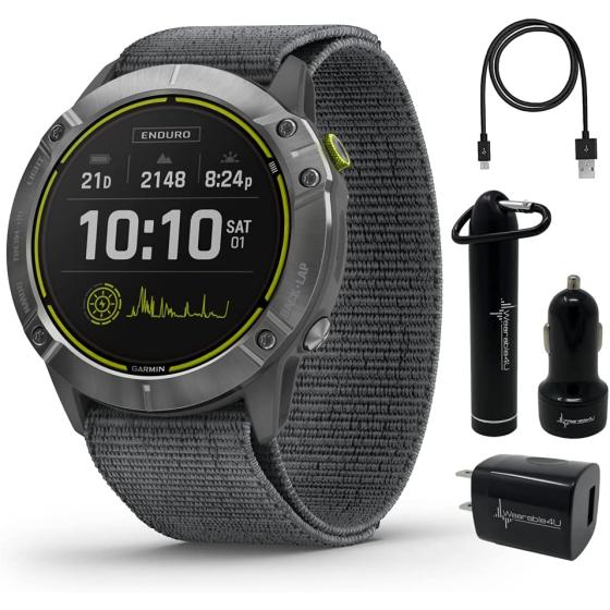 Wearable4U Garmin Enduro Ultraperformance Multisport GPS Smartwatch, Steel with Gray UltraFit Nylon Strap, Solar Charged Power Pack Bundle