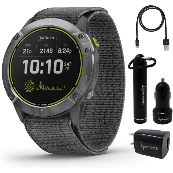 Wearable4U Garmin Enduro Ultraperformance Multisport GPS Smartwatch, Steel with Gray UltraFit Nylon Strap, Solar Charged Power Pack Bundle