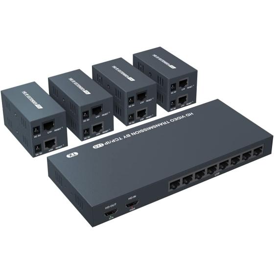 150m HDMI Splitter Extender 1x8 Transmit Remote 1080P Audio Video Over Cat5e/6 Ethernet Mirror 8 Screens Support Loopout Remote 1 in 8 Out for TV