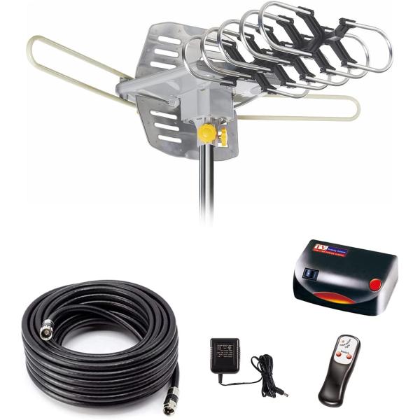 Digital Outdoor Amplified hd tv Antenna 150 Miles Range,Support 4K 1080p and 2 TVs with 33 ft Coax Cable,Adapter,Without Pole