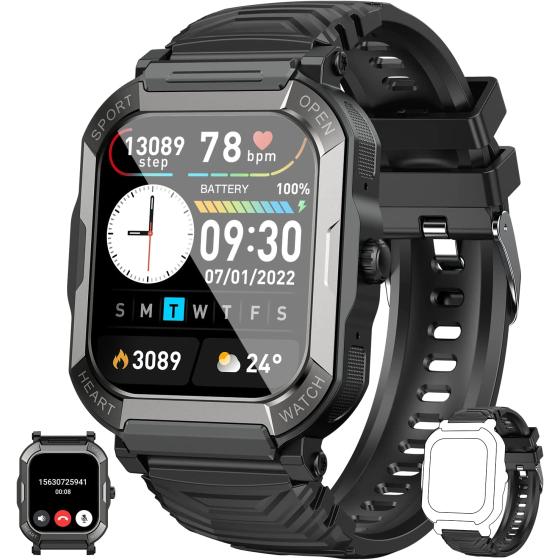 Smart Watch for Men Fitness Tracker: (Make/Answer Call) Bluetooth Military Smartwatch for Android Phones iPhone Waterproof Outdoor Tactical Digital Sport Run Watches Blood Pressure Heart Rate Monitor
