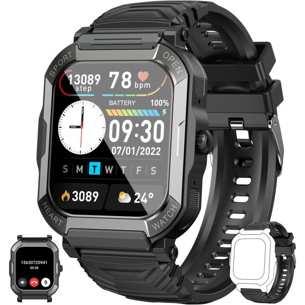 Smart Watch for Men Fitness Tracker: (Make/Answer Call) Bluetooth Military Smartwatch for Android Phones iPhone Waterproof Outdoor Tactical Digital Sport Run Watches Blood Pressure Heart Rate Monitor