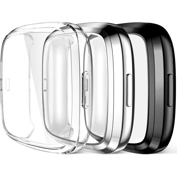 Maledan Screen Protector Case Compatible with Fitbit Versa 2 Smartwatch, 3 Pack Full Protective Case Cover Scratch Resistant Shock Absorbing for Versa 2 Accessories, Clear/Black/Silver