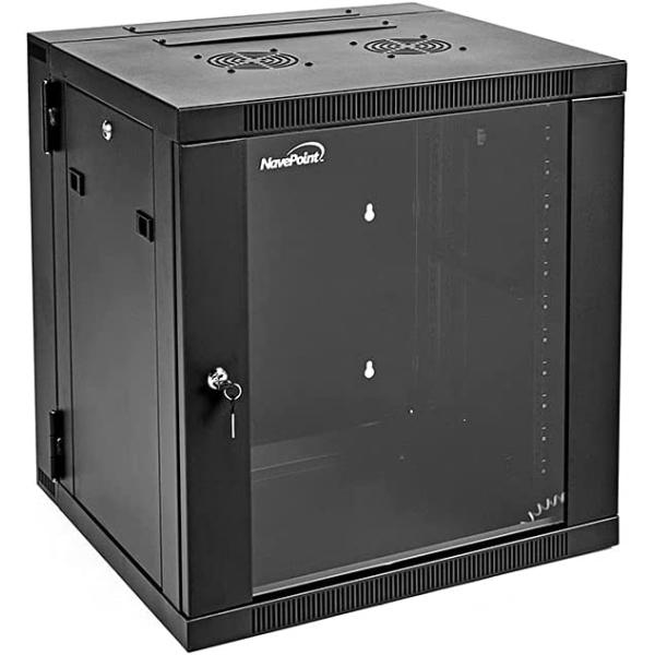 NavePoint 12U Wall-Mount Network Cabinet for 19" IT Equipment, A/V with Glass Door and Removable Side Panels, Locks, 2 Fans, 650mm Depth, Hinged Back