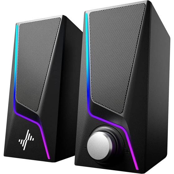 Computer Speakers, PC Speakers with 6 Colorful LED Modes, USB Powered Computer Speakers for Desktop with 2 Bass-Boost Ports, 2 Speaker Units and 3.5mm Aux-in Cable for PC, Laptop, Tablet, Phone